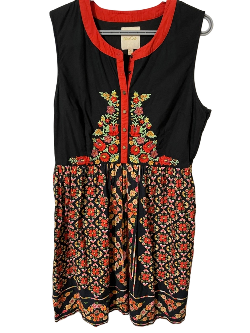 Modcloth Black Dress with Red Print and Multicolour Floral Embroidery Size XL